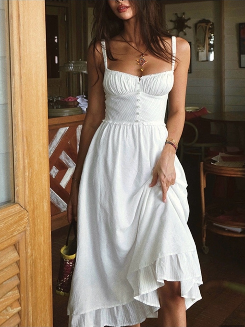 Commense White High-Low Sundress with Ruffle Hem